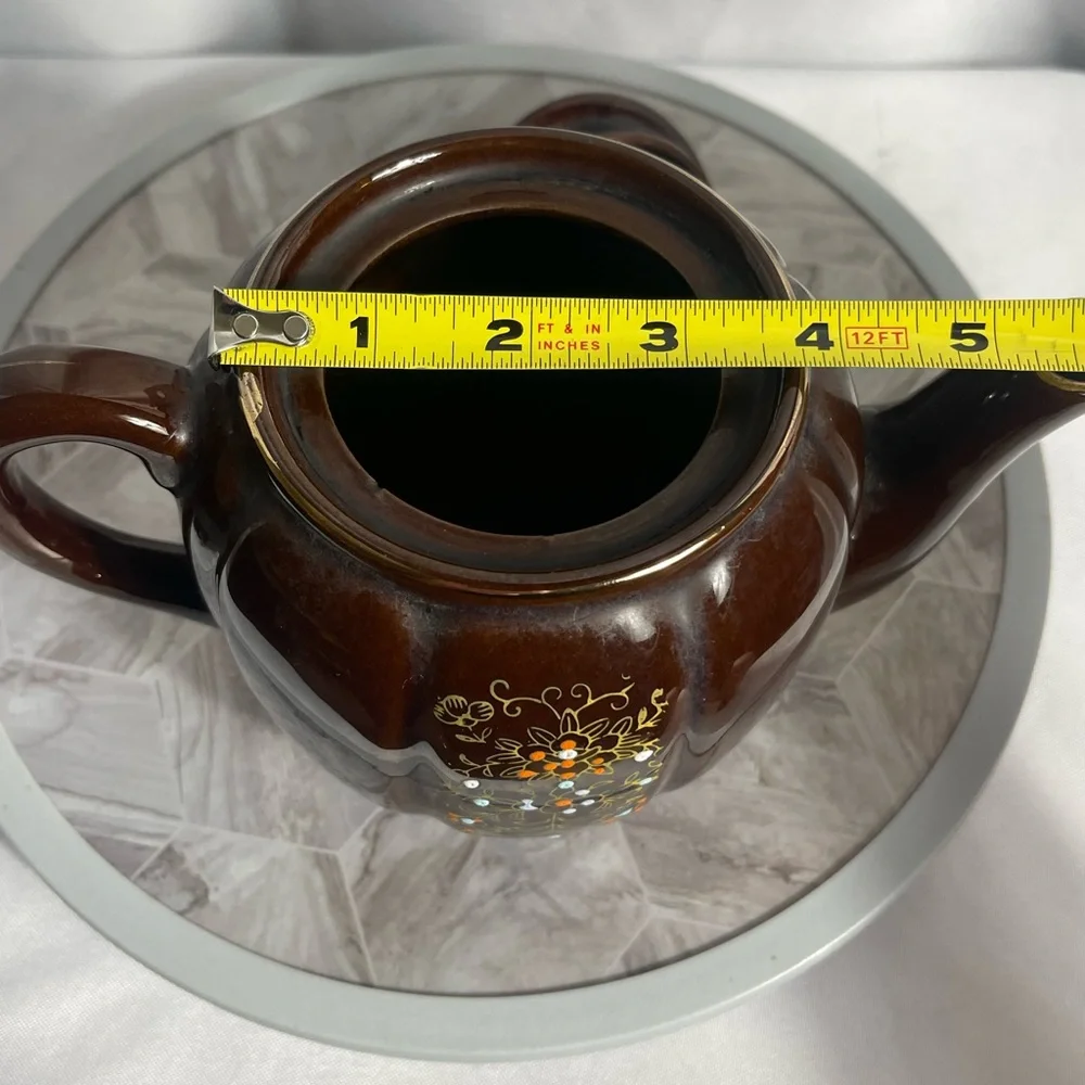 Vintage Hand-Painted Brown Ceramic Teapot from Japan – Floral Motif, 6.5” - Picture 4 of 10